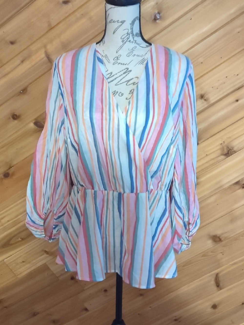 Striped Multi-Color Wrap Peplum Blouse